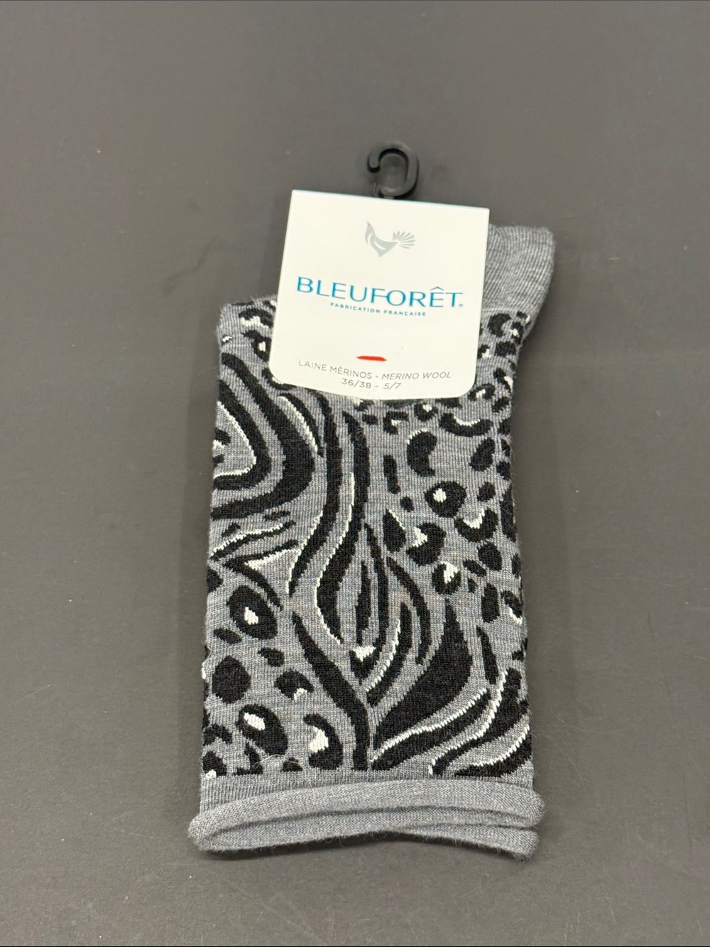 Women's Gray Patterned Merino Wool Roll Top Socks